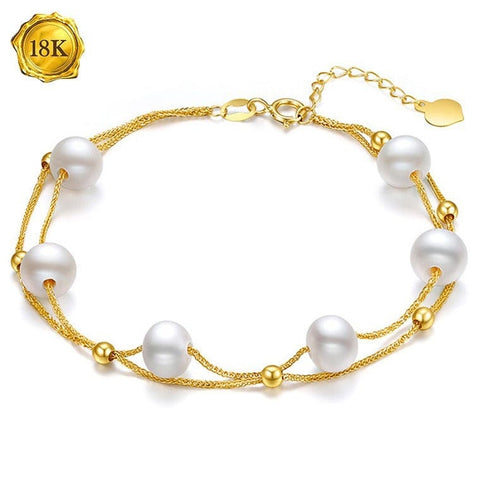 7 INCHES AU750 18K SOLID GOLD FRESHWATER PEARLS CABLE CHAIN BRACELET wholesalekings wholesale silver jewelry
