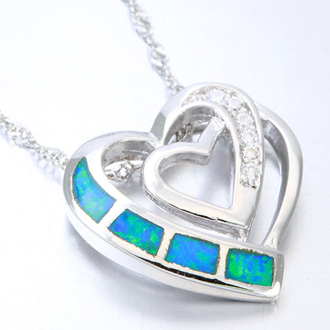 CREATED BLUE ETHIOPIAN OPAL & CREATED WHITE SAPPHIRE 925 STERLING SILVER HEART SHAPE PENDANT - Wholesalekings.com