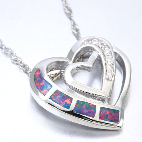 CREATED RED ETHIOPIAN OPAL & CREATED WHITE SAPPHIRE 925 STERLING SILVER HEART SHAPE PENDANT - Wholesalekings.com