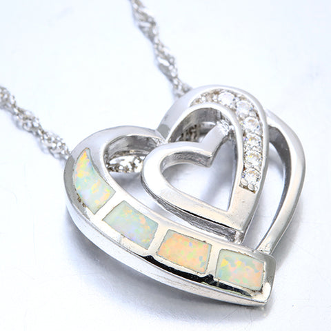 CREATED ETHIOPIAN OPAL & CREATED WHITE SAPPHIRE 925 STERLING SILVER HEART SHAPE PENDANT - Wholesalekings.com