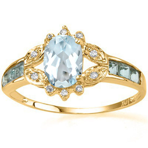 4/5 CT GENUINE AQUAMARINE & DIAMOND 10KT SOLID GOLD RING - Wholesalekings.com