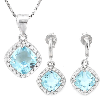 SUPERB ! 3 3/5 CARAT BABY SWISS BLUE TOPAZ & DIAMOND 925 STERLING SILVER SET - Wholesalekings.com