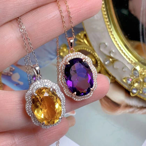 A Dropshipping 925 Silver Inlaid Large Grain Amethyst Pendant Double Surrounding Diamond Citrine Clavicle Chain Ladies Necklace wholesalekings wholesale silver jewelry