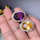 A Dropshipping 925 Silver Inlaid Large Grain Amethyst Pendant Double Surrounding Diamond Citrine Clavicle Chain Ladies Necklace wholesalekings wholesale silver jewelry