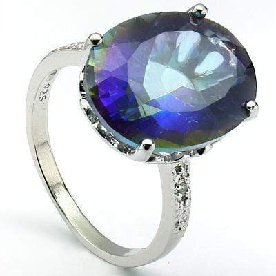 ALLURING 8.74 CT BLUE MYSTIC GEMSTONE & 2 PCS GENUINE DIAMOND PLATINUM OVER 0.925 STERLING SILVER RING - Wholesalekings.com