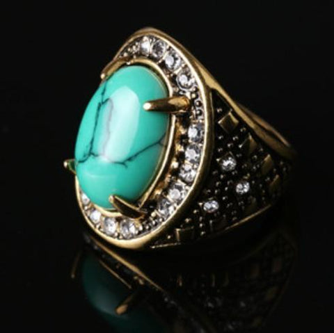 AMAZING  ANCIENT GOLD PLATED WITH GREEN TURQUOISE ALLOY RING - Wholesalekings.com