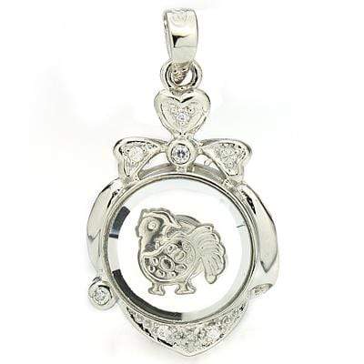 BRILLIANT WHITE GERMAN SILVER ROTATABLE CHINESE ZODIAC ROOSTER PENDANT - Wholesalekings.com