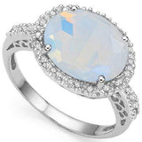 ELEGANT 4.00 CT LAB OPAL & 2PCS GENUINE DIAMOND PLATINUM OVER 0.925 STERLING SILVER RING - Wholesalekings.com