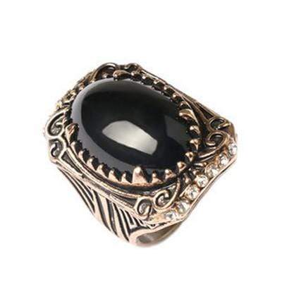 EXQUISITE CARVED ANCIENT GOLD PLATED ALLOY BLACK AGATE RING - Wholesalekings.com