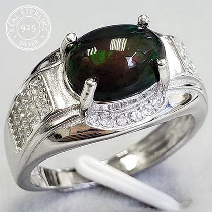 GENUINE ETHIOPIAN BLACK OPAL & CREATED WHITE TOPAZ MENS 1.30 CT GENUINE BLACK ETHIOPIAN OPAL 925 STERLING SILVER ADJUSTABLE RING - Wholesalekings.com