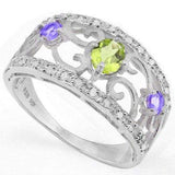 GLAMOROUS 0.731 CARAT TW (5 PCS) PERIDOT & GENUINE TANZANITE PLATINUM OVER 0.925 STERLING SILVER RING - Wholesalekings.com