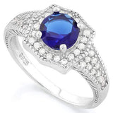 GREAT! 1 1/5 CARAT CREATED BLUE SAPPHIRE &  2/5 CARAT (40 PCS) FLAWLESS CREATED DIAMOND 925 STERLING SILVER HALO RING - Wholesalekings.com