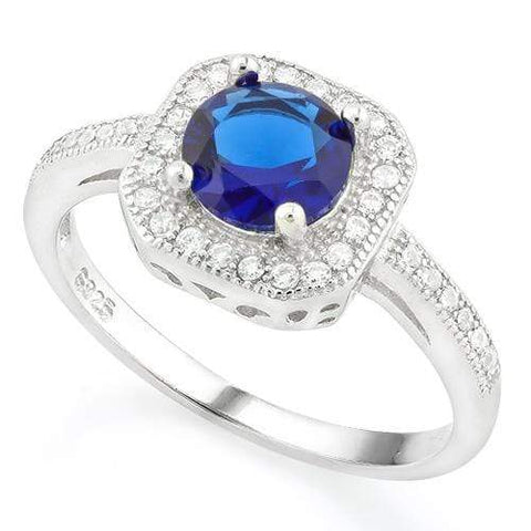 LOVELY !   1 1/5 CARAT CREATED BLUE SAPPHIRE &  1/3 CARAT (36 PCS) FLAWLESS CREATED DIAMOND 925 STERLING SILVER HALO RING - Wholesalekings.com