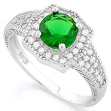 MAGNIFICENT! 1 1/5 CARAT CREATED EMERALD &  2/5 CARAT (40 PCS) FLAWLESS CREATED DIAMOND 925 STERLING SILVER HALO RING - Wholesalekings.com