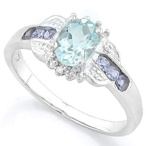 MAGNIFICENT !  AQUAMARINE &  1 1/3 CARAT (6 PCS) TANZANITE 925 STERLING SILVER RING - Wholesalekings.com