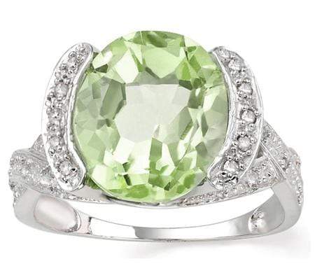 MESMERIZING 4.5 CARAT  GREEN AMETHYST & GENUINE DIAMOND PLATINUM OVER 0.925 STERLING SILVER RING - Wholesalekings.com