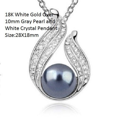 US Fine ! 18K White Gold- Over 10mm Gray Pearl and White Crystal German Silver P - Wholesalekings.com