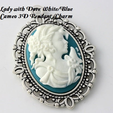 Lady With Dove 3D in White/Blue Cameo German Silver Pendant Charm - Wholesalekings.com