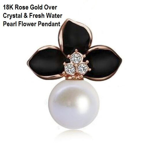 US 18K Rose Gold- Over Crystal & Fresh Water Pearl Flower German Silver Pendant - Wholesalekings.com