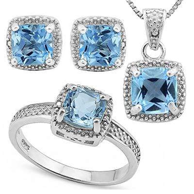 PRETTY 5.029 CARAT TW  BLUE TOPAZ & GENUINE DIAMOND PLATINUM OVER 0.925 STERLING SILVER SET - Wholesalekings.com