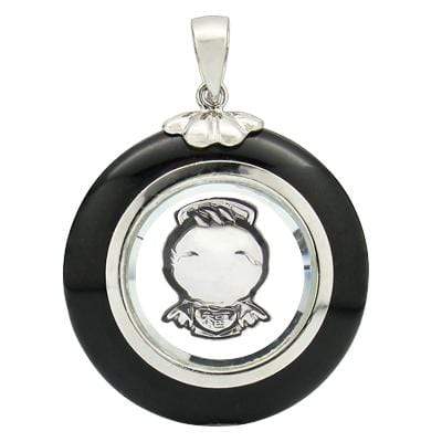 SPECTACULAR ROTATABLE ANGEL WITH BLACK AGATE WHITE GERMAN SILVER PENDANT (25MM) - Wholesalekings.com