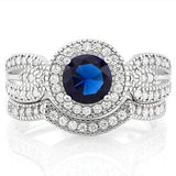 STUNNING! 1 1/5 CARAT CREATED BLUE SAPPHIRE &  2/5 CARAT (40 PCS) FLAWLESS CREATED DIAMOND 925 STERLING SILVER HALO RING - Wholesalekings.com