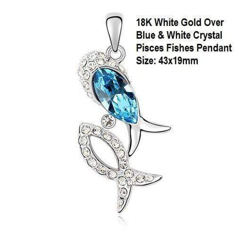 US 18K White Gold- Over Blue & White Crystal Pisces Fishes German Silver Pendant Size: 43x19mm - Wholesalekings.com