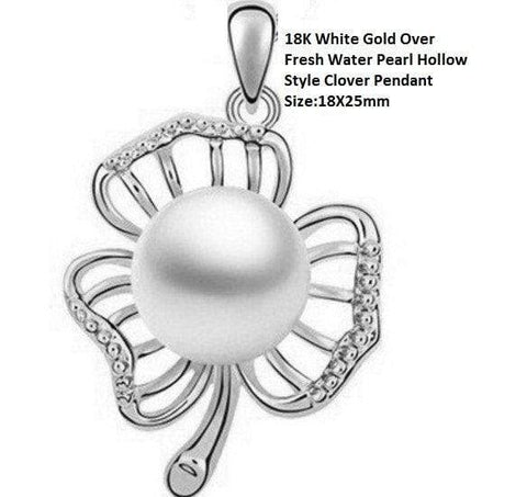US 18K White Gold- Over Fresh Water Pearl Hollow Style Clover German Silver Pend - Wholesalekings.com
