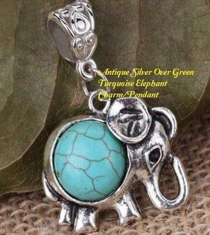 US Antique Silver Over Green Turquoise Elephant Charm/Pendant - Wholesalekings.com