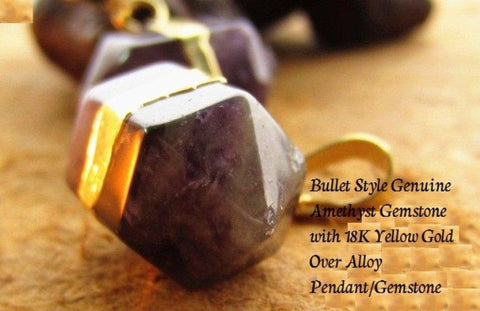 US Bullet Style Genuine Amethyst Gemstone with 18K Yellow Gold- Over Alloy German Silver Pendant - Wholesalekings.com