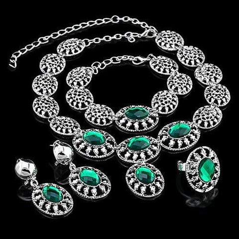 White Gold-Plated Green Color Stone Fashion Women Anniversary Jewelry Set - Wholesalekings.com